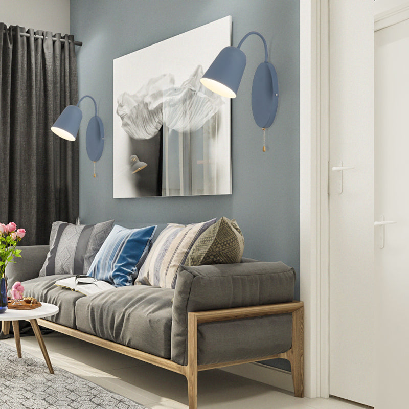 Modern Cone Sconce Light Fixture 1 Light Wall Mounted Lighting with Metal Shade and Pull Chain in Pink/Yellow/Blue/Green Blue Clearhalo 'Cast Iron' 'Glass' 'Industrial' 'Modern wall lights' 'Modern' 'Tiffany' 'Traditional wall lights' 'Wall Lamps & Sconces' 'Wall Lights' Lighting' 380537