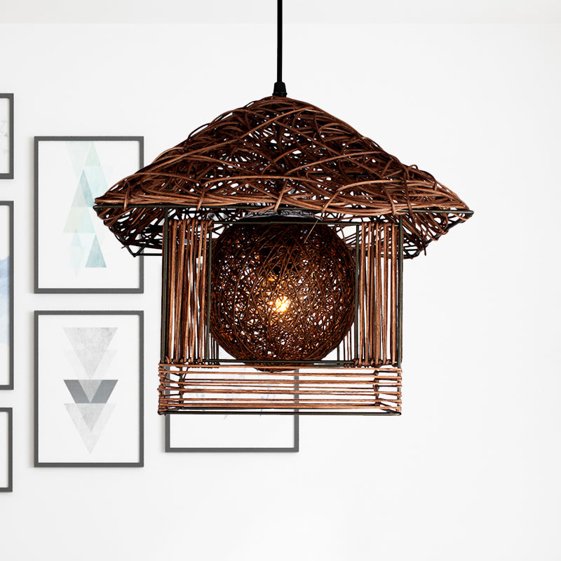 Handmade Ceiling Lamp Chinese Bamboo 1 Bulb 12"/16" Wide Beige/Coffee Pendant Lighting Fixture Coffee Clearhalo 'Ceiling Lights' 'Pendant Lights' 'Pendants' Lighting' 380569_6fb30568-d140-499d-9410-5f2ccefbffb9