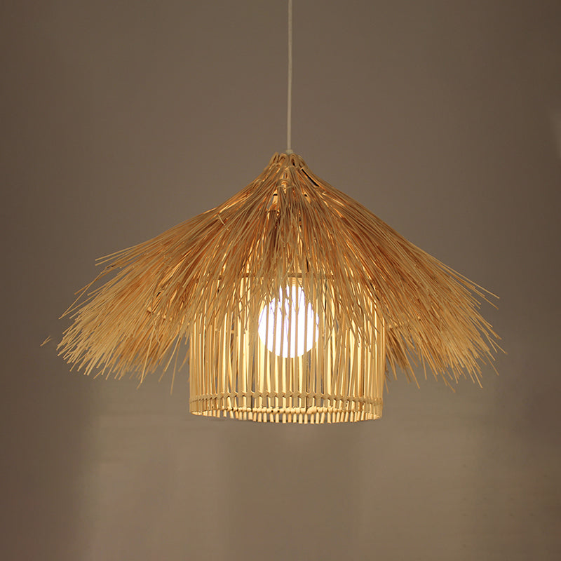 Asian 1 Head Ceiling Light Coffee/Flaxen Handcrafted Pendant Lighting Fixture with Bamboo Shade Clearhalo 'Ceiling Lights' 'Pendant Lights' 'Pendants' Lighting' 380596