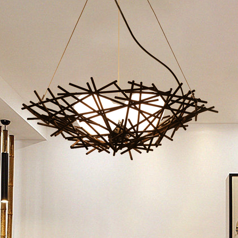 Nest Chandelier Lighting Japanese Bamboo 18"/22" Wide 3 Bulbs Coffee Ceiling Suspension Lamp Clearhalo 'Ceiling Lights' 'Chandeliers' Lighting' options 380654