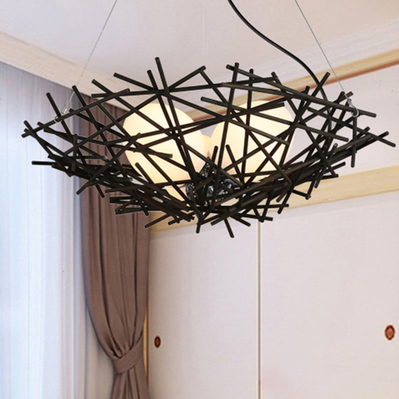 Nest Chandelier Lighting Japanese Bamboo 18"/22" Wide 3 Bulbs Coffee Ceiling Suspension Lamp Clearhalo 'Ceiling Lights' 'Chandeliers' Lighting' options 380655