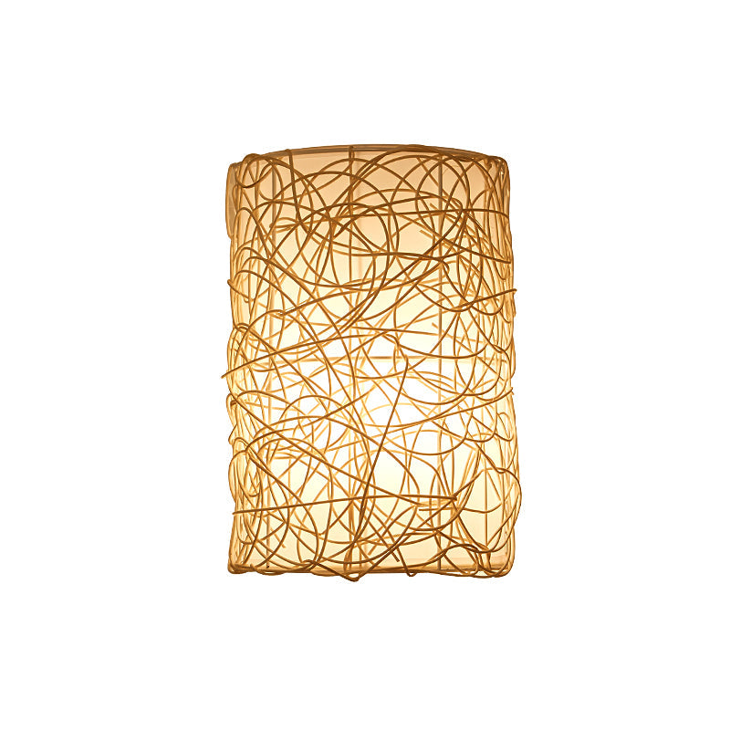 1 Head Half-Cylinder Sconce Japanese Rattan Wall Mounted Light Fixture in White Clearhalo 'Wall Lamps & Sconces' 'Wall Lights' Lighting' 380818