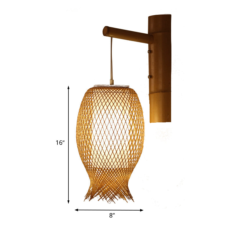 Bamboo Handcrafted Sconce Light Asia 1 Head Khaki Wall Mount Lighting with Inner Tube White Parchment Shade Clearhalo 'Wall Lamps & Sconces' 'Wall Lights' Lighting' 380872