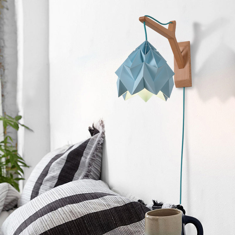 Domed Shade Paper Wall Mounted Lamp Macaron 1 Head White/Pink/Yellow/Blue/Green Sconce Light Fixture with Wood Backplate Blue Clearhalo 'Modern wall lights' 'Modern' 'Vanity Lights' 'Wall Lights' Lighting' 380873