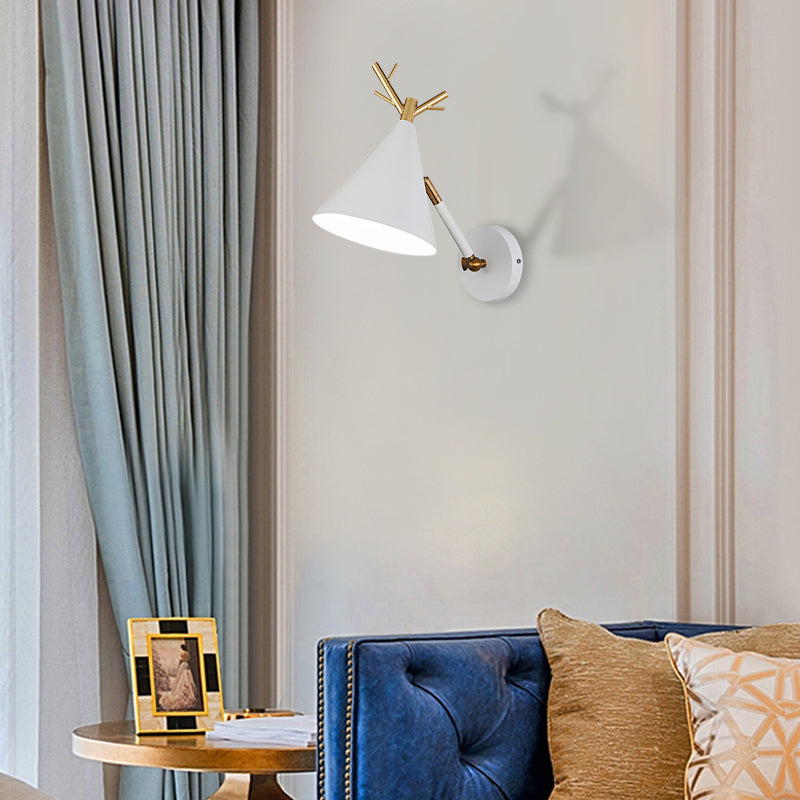 Simple Cone Wall Light Fixture 1 Head Wall Lighting Idea with Metal Antler Decoration in Grey/White/Green for Bedside White Clearhalo 'Cast Iron' 'Glass' 'Industrial' 'Modern wall lights' 'Modern' 'Tiffany' 'Traditional wall lights' 'Vanity Lights' 'Wall Lights' Lighting' 380918