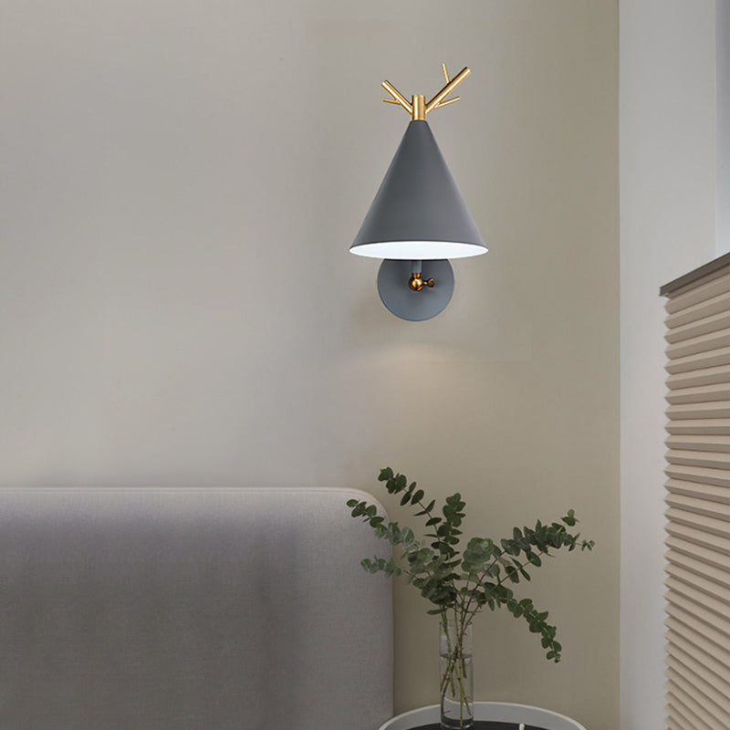 Simple Cone Wall Light Fixture 1 Head Wall Lighting Idea with Metal Antler Decoration in Grey/White/Green for Bedside Grey Clearhalo 'Cast Iron' 'Glass' 'Industrial' 'Modern wall lights' 'Modern' 'Tiffany' 'Traditional wall lights' 'Vanity Lights' 'Wall Lights' Lighting' 380925