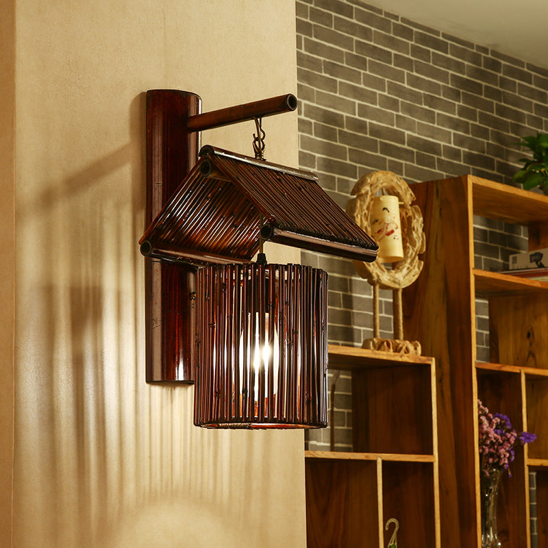 1 Bulb House Sconce Light Asian Bamboo Wall Mounted Lamp in Dark Coffee/Khaki with Half-Cylinder Backplate Dark Coffee Clearhalo 'Wall Lamps & Sconces' 'Wall Lights' Lighting' 380942