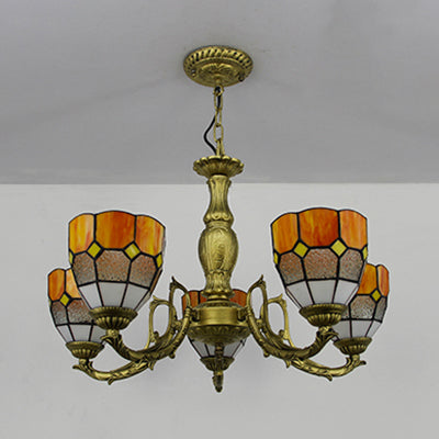 5 Lights Dome Suspension Light Adjustable Stained Glass Tiffany Chandelier Lamp in Orange/Green/Clear/Blue for Foyer Clearhalo 'Ceiling Lights' 'Chandeliers' 'Clear' 'Industrial' 'Middle Century Chandeliers' 'Modern' 'Tiffany Chandeliers' 'Tiffany close to ceiling' 'Tiffany' 'Traditional Chandeliers' Lighting' 38098