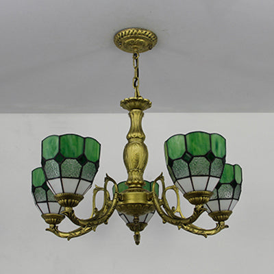 5 Lights Dome Suspension Light Adjustable Stained Glass Tiffany Chandelier Lamp in Orange/Green/Clear/Blue for Foyer Clearhalo 'Ceiling Lights' 'Chandeliers' 'Clear' 'Industrial' 'Middle Century Chandeliers' 'Modern' 'Tiffany Chandeliers' 'Tiffany close to ceiling' 'Tiffany' 'Traditional Chandeliers' Lighting' 38101