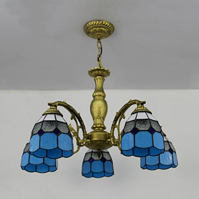 5 Lights Dome Suspension Light Adjustable Stained Glass Tiffany Chandelier Lamp in Orange/Green/Clear/Blue for Foyer Blue Clearhalo 'Ceiling Lights' 'Chandeliers' 'Clear' 'Industrial' 'Middle Century Chandeliers' 'Modern' 'Tiffany Chandeliers' 'Tiffany close to ceiling' 'Tiffany' 'Traditional Chandeliers' Lighting' 38102