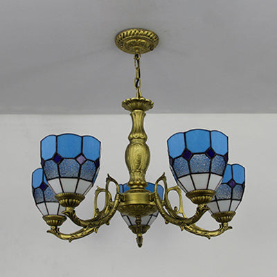 5 Lights Dome Suspension Light Adjustable Stained Glass Tiffany Chandelier Lamp in Orange/Green/Clear/Blue for Foyer Clearhalo 'Ceiling Lights' 'Chandeliers' 'Clear' 'Industrial' 'Middle Century Chandeliers' 'Modern' 'Tiffany Chandeliers' 'Tiffany close to ceiling' 'Tiffany' 'Traditional Chandeliers' Lighting' 38103