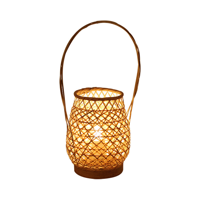 Bamboo Lantern Task Lighting Chinese 1 Head Flaxen Small Desk Lamp with Curved Arm Clearhalo 'Lamps' 'Table Lamps' Lighting' 381031