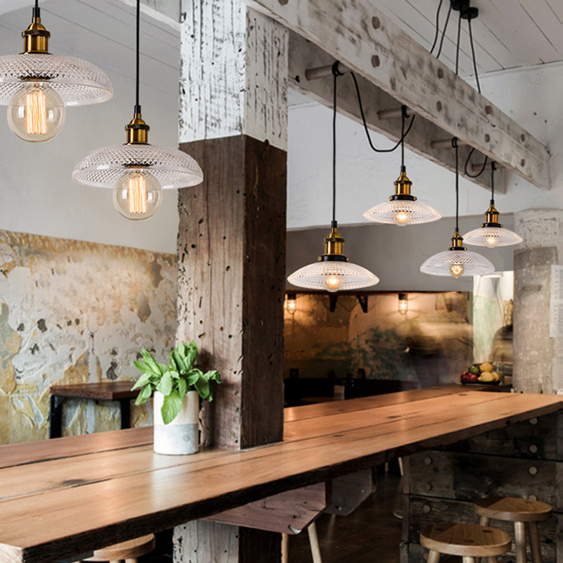 Grid Glass Brass Ceiling Light Bowl/Dome/Saucer Shade 1-Light Industrial Hanging Light Fixture for Kitchen Clearhalo 'Ceiling Lights' 'Glass shade' 'Glass' 'Industrial Pendants' 'Industrial' 'Middle Century Pendants' 'Pendant Lights' 'Pendants' 'Tiffany' Lighting' 381114