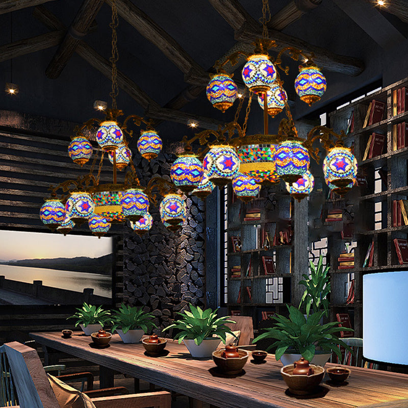 4/9/13 Bulbs Chandelier Lighting Traditional Radial Stained Glass Ceiling Hang Fixture in Brass with Round Canopy Clearhalo 'Ceiling Lights' 'Chandeliers' Lighting' options 381274