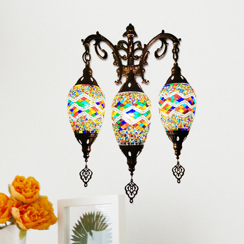 Stained Glass Yellow/Orange/Blue Wall Mount Light Oval 3 Lights Vintage Sconce Light Fixture Clearhalo 'Wall Lamps & Sconces' 'Wall Lights' Lighting' 381637