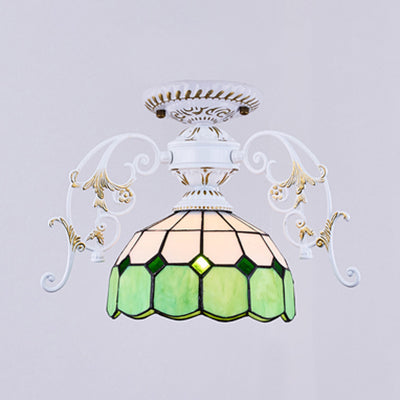 Domed Semi Flush Light with Grid Pattern 1 Light Stained Glass Ceiling Light in Black/White White C Clearhalo 'Ceiling Lights' 'Close To Ceiling Lights' 'Close to ceiling' 'Glass shade' 'Glass' 'Semi-flushmount' 'Tiffany close to ceiling' 'Tiffany' Lighting' 38172
