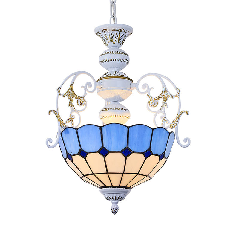 White Finish Bowl Suspension Light 2 Bulbs Stained Glass Tiffany Style Pendant Lamp with Diamond/Blue Square/Blue Diamond/Red Diamond White Blue Square Clearhalo 'Ceiling Lights' 'Chandeliers' 'Industrial' 'Middle Century Chandeliers' 'Pendant Lights' 'Tiffany Chandeliers' 'Tiffany close to ceiling' 'Tiffany' Lighting' 38249
