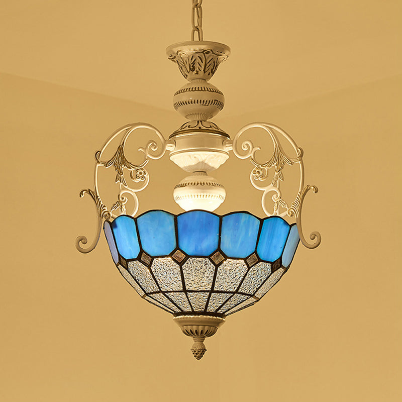White Finish Bowl Suspension Light 2 Bulbs Stained Glass Tiffany Style Pendant Lamp with Diamond/Blue Square/Blue Diamond/Red Diamond White Blue Diamond Clearhalo 'Ceiling Lights' 'Chandeliers' 'Industrial' 'Middle Century Chandeliers' 'Pendant Lights' 'Tiffany Chandeliers' 'Tiffany close to ceiling' 'Tiffany' Lighting' 38252
