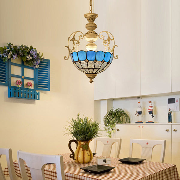 White Finish Bowl Suspension Light 2 Bulbs Stained Glass Tiffany Style Pendant Lamp with Diamond/Blue Square/Blue Diamond/Red Diamond Clearhalo 'Ceiling Lights' 'Chandeliers' 'Industrial' 'Middle Century Chandeliers' 'Pendant Lights' 'Tiffany Chandeliers' 'Tiffany close to ceiling' 'Tiffany' Lighting' 38254