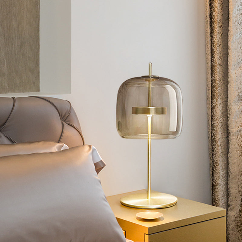 Tan Glass Cup Task Lighting Contemporary LED Small Desk Lamp with Round Gold Metal Base Tan Clearhalo 'Lamps' 'Table Lamps' Lighting' 384454