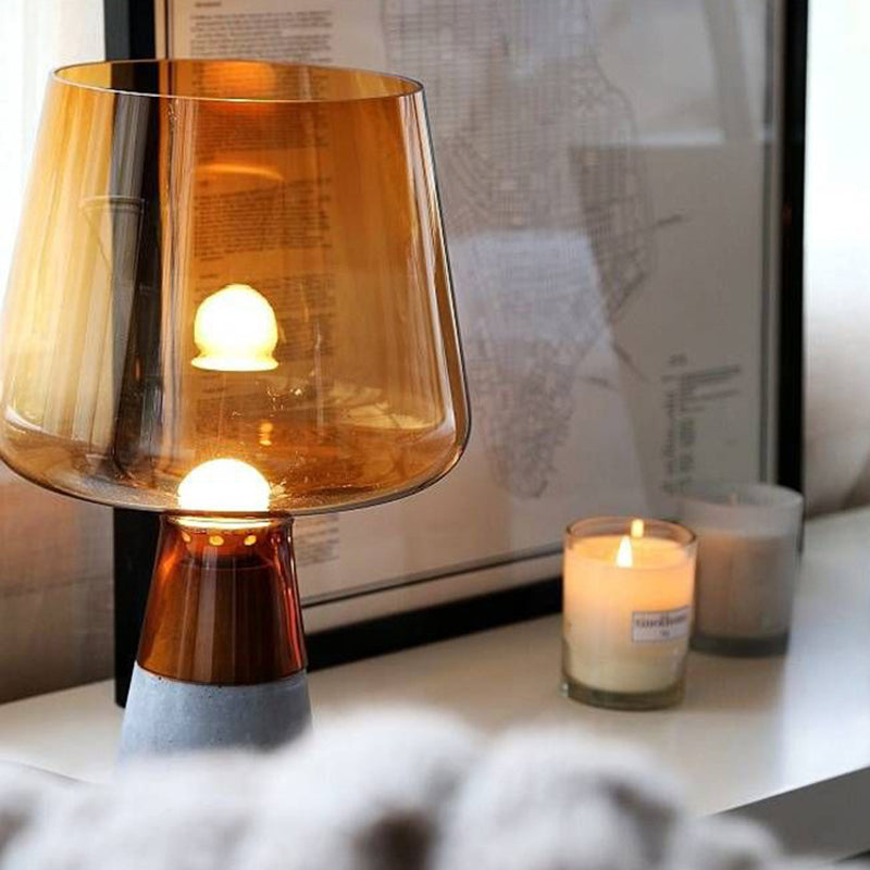 Cup Table Light Modern Smoke Gray/Amber Glass 8"/10" Wide 1 Head Nightstand Lamp with Cement Base Clearhalo 'Lamps' 'Table Lamps' Lighting' 384690