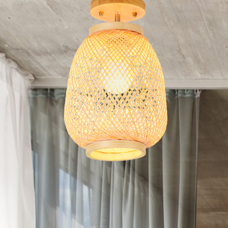 Lantern Bamboo Semi-Flush Mount Asian 1 Head Beige Ceiling Mounted Fixture for Restaurant Clearhalo 'Ceiling Lights' 'Close To Ceiling Lights' 'Close to ceiling' 'Semi-flushmount' Lighting' 384782