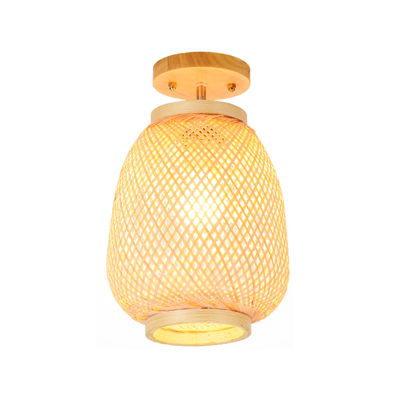 Lantern Bamboo Semi-Flush Mount Asian 1 Head Beige Ceiling Mounted Fixture for Restaurant Clearhalo 'Ceiling Lights' 'Close To Ceiling Lights' 'Close to ceiling' 'Semi-flushmount' Lighting' 384783