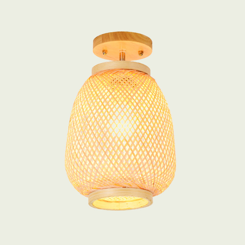 Lantern Bamboo Semi-Flush Mount Asian 1 Head Beige Ceiling Mounted Fixture for Restaurant Clearhalo 'Ceiling Lights' 'Close To Ceiling Lights' 'Close to ceiling' 'Semi-flushmount' Lighting' 384784