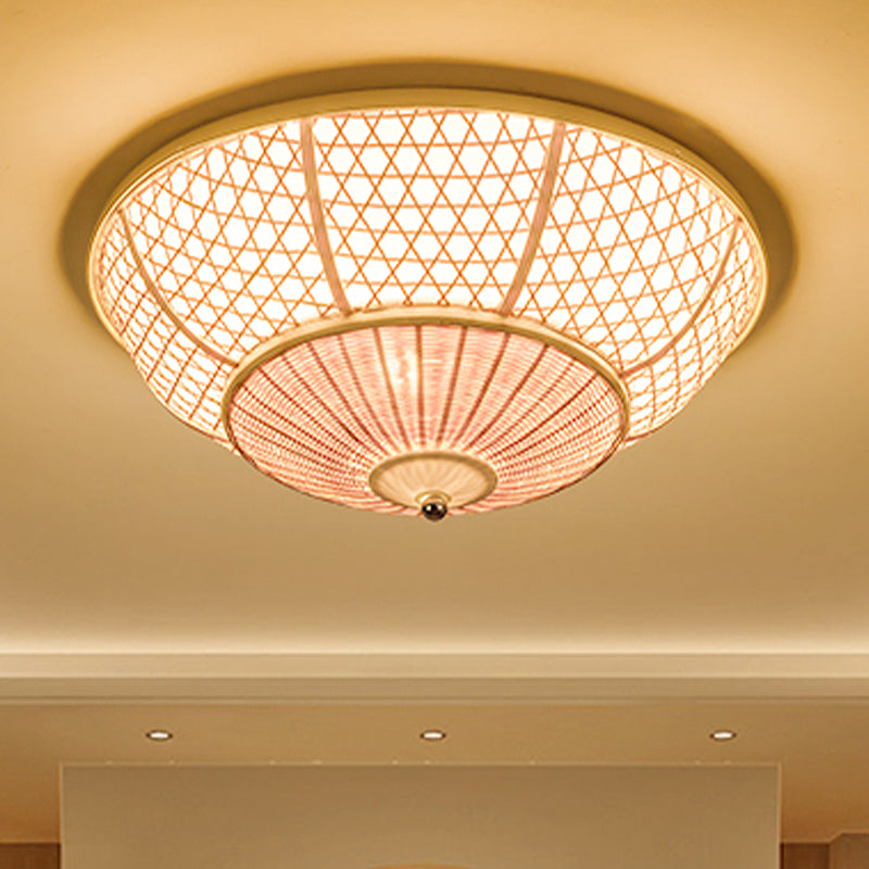 Dome Bamboo Flush Light Chinese 3 Bulbs Beige Ceiling Mounted Fixture for Living Room Clearhalo 'Ceiling Lights' 'Close To Ceiling Lights' 'Close to ceiling' 'Flush mount' Lighting' 384819
