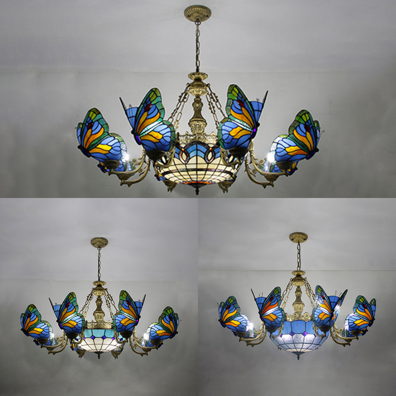 White/Clear/Beige Dome Chandelier Lamp with Butterfly Stained Glass Tiffany Indoor Hanging Light for Foyer Clearhalo 'Ceiling Lights' 'Chandeliers' 'Clear' 'Industrial' 'Middle Century Chandeliers' 'Modern' 'Pendant Lights' 'Tiffany Chandeliers' 'Tiffany close to ceiling' 'Tiffany' 'Traditional Chandeliers' Lighting' 38580