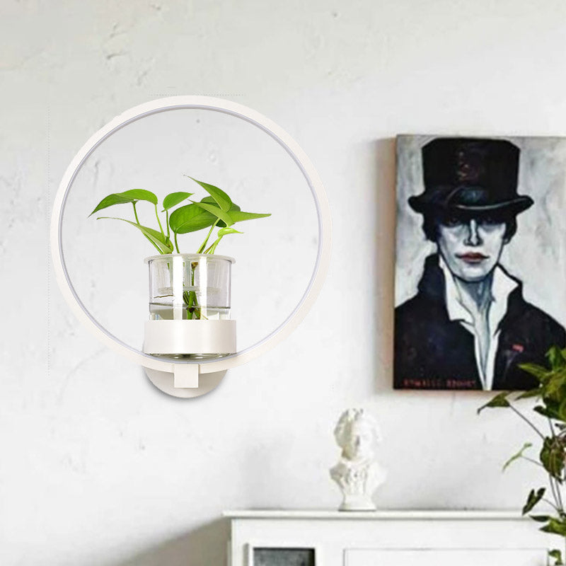 1 Head Metal Sconce Lighting Fixture Antique Black/Grey/White Circular Bedroom Wall Mount Light with Plant Cup White Clearhalo 'Art deco wall lights' 'Cast Iron' 'Glass' 'Industrial wall lights' 'Industrial' 'Middle century wall lights' 'Modern' 'Rustic wall lights' 'Tiffany' 'Traditional wall lights' 'Wall Lamps & Sconces' 'Wall Lights' Lighting' 389884