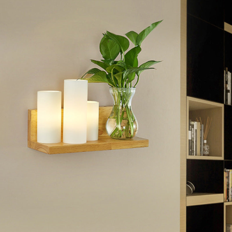 Opal Glass Cylinder Wall Lighting Industrial 1 Bulb Bedroom LED Wall Sconce Lamp in Wood, Left/Right Clearhalo 'Industrial wall lights' 'Industrial' 'Middle century wall lights' 'Tiffany' 'Wall Lamps & Sconces' 'Wall Lights' Lighting' 390141