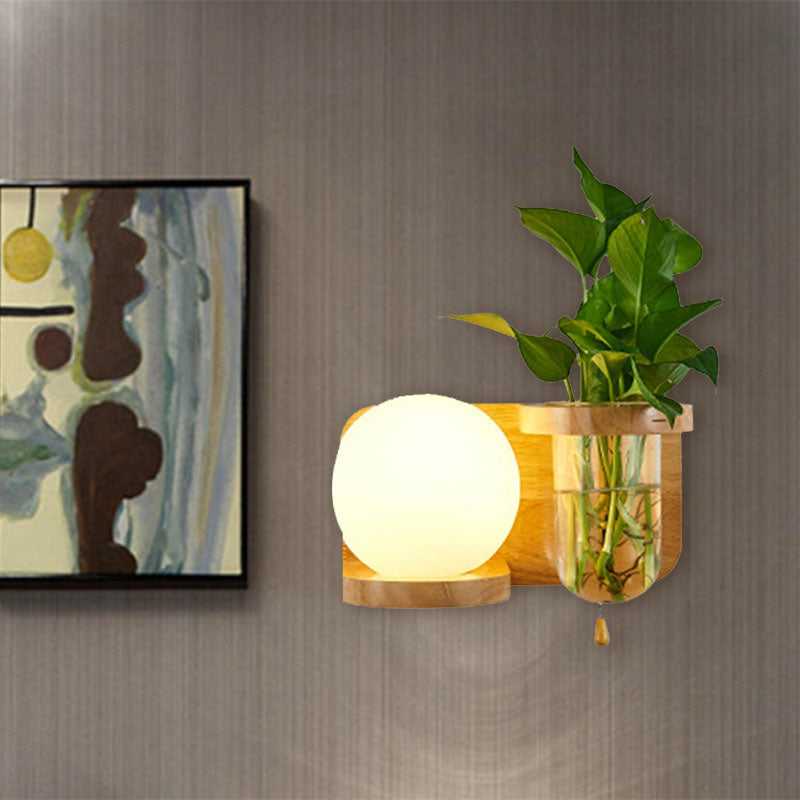 Ball White Glass Wall Sconce Industrial 1 Bulb Bedroom LED Wall Lamp Fixture in Wood, Left/Right Wood Left Clearhalo 'Industrial wall lights' 'Industrial' 'Middle century wall lights' 'Tiffany' 'Wall Lamps & Sconces' 'Wall Lights' Lighting' 390304