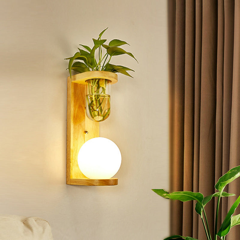 Barrel/Globe Opal Glass Up/Down Light Simple 1 Light Living Room LED Wall Mount Lighting in Wood Wood Globe Up Clearhalo 'Industrial wall lights' 'Industrial' 'Middle century wall lights' 'Tiffany' 'Wall Lamps & Sconces' 'Wall Lights' Lighting' 390568