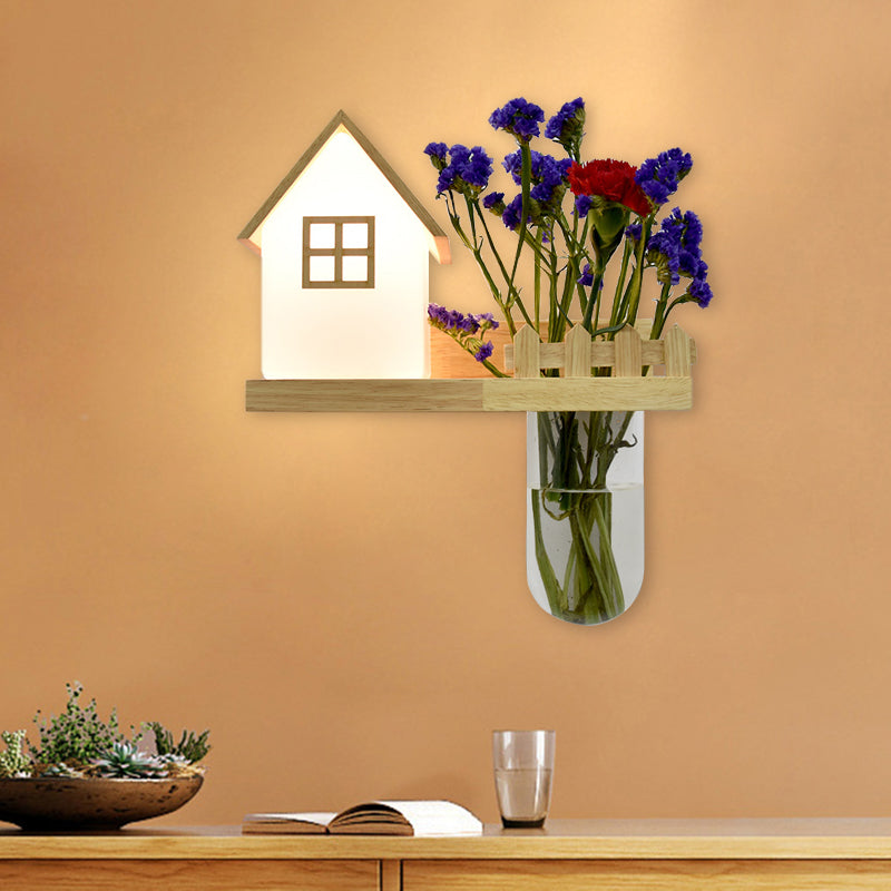 Wood House Sconce Wall Light Industrial Cream Glass 1-Light Restaurant LED Wall Lighting, Left/Right Clearhalo 'Industrial wall lights' 'Industrial' 'Middle century wall lights' 'Tiffany' 'Wall Lamps & Sconces' 'Wall Lights' Lighting' 390590