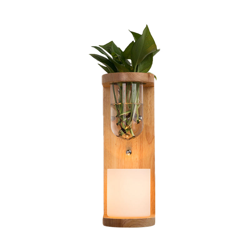 Cylinder Living Room Wall Light Industrial Opal Glass 1 Light Wood LED Sconce Lighting Fixture Clearhalo 'Industrial wall lights' 'Industrial' 'Middle century wall lights' 'Tiffany' 'Wall Lamps & Sconces' 'Wall Lights' Lighting' 390846