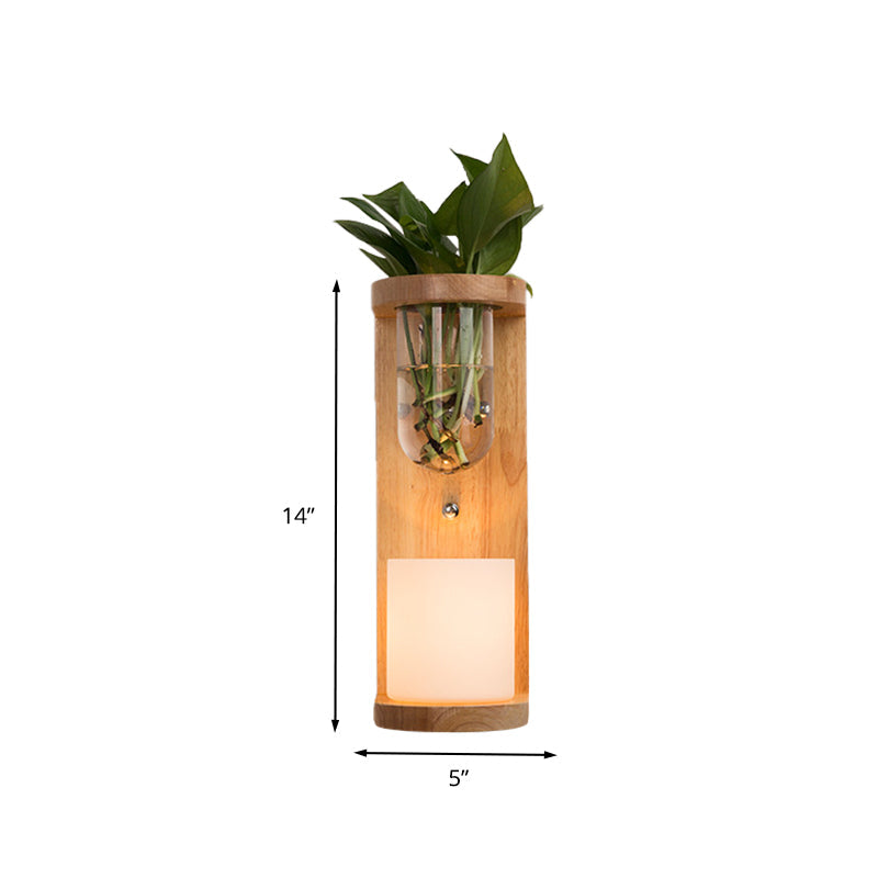 Cylinder Living Room Wall Light Industrial Opal Glass 1 Light Wood LED Sconce Lighting Fixture Clearhalo 'Industrial wall lights' 'Industrial' 'Middle century wall lights' 'Tiffany' 'Wall Lamps & Sconces' 'Wall Lights' Lighting' 390848