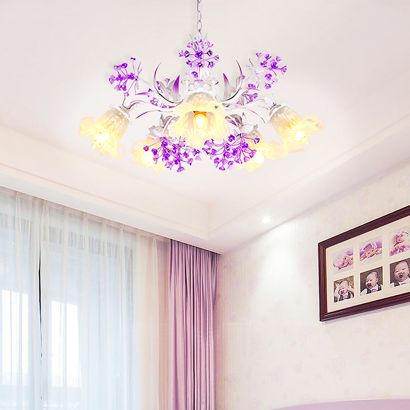 Ivory Flower Hanging Chandelier Pastoral White Glass 3/5/7 Lights Living Room LED Ceiling Pendant 5 Ivory Clearhalo 'Ceiling Lights' 'Chandeliers' 'Glass shade' 'Glass' Lighting' 391215