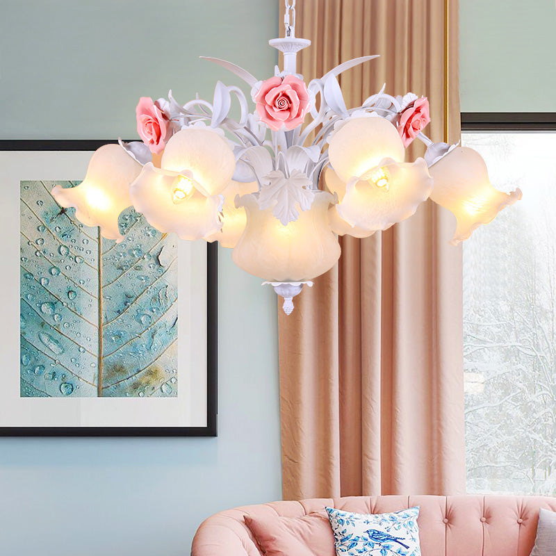 Countryside Blossom Chandelier Lighting Fixture 8 Heads White Glass Pendant Ceiling Light for Dining Room White Clearhalo 'Ceiling Lights' 'Chandeliers' 'Glass shade' 'Glass' Lighting' 391221