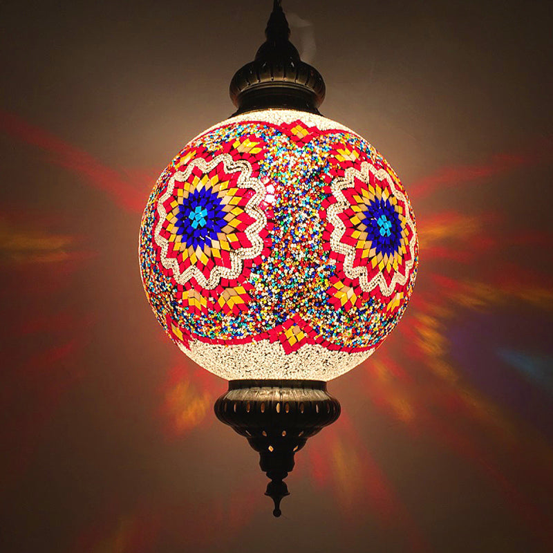 Cut Glass Globe Suspension Lighting Traditional 1 Light Dining Room Pendant Lamp in Red/Yellow/Blue Clearhalo 'Ceiling Lights' 'Glass shade' 'Glass' 'Pendant Lights' 'Pendants' Lighting' 391328
