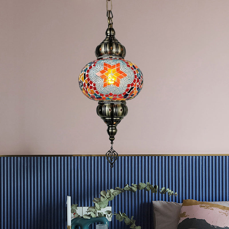 Stained Glass Oval Hanging Light Kit Traditional 1 Head Bedroom Pendant Lighting in White/Red/Orange Clearhalo 'Ceiling Lights' 'Glass shade' 'Glass' 'Pendant Lights' 'Pendants' Lighting' 391357