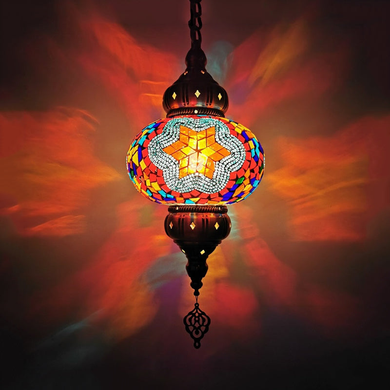 Stained Glass Oval Hanging Light Kit Traditional 1 Head Bedroom Pendant Lighting in White/Red/Orange Clearhalo 'Ceiling Lights' 'Glass shade' 'Glass' 'Pendant Lights' 'Pendants' Lighting' 391359