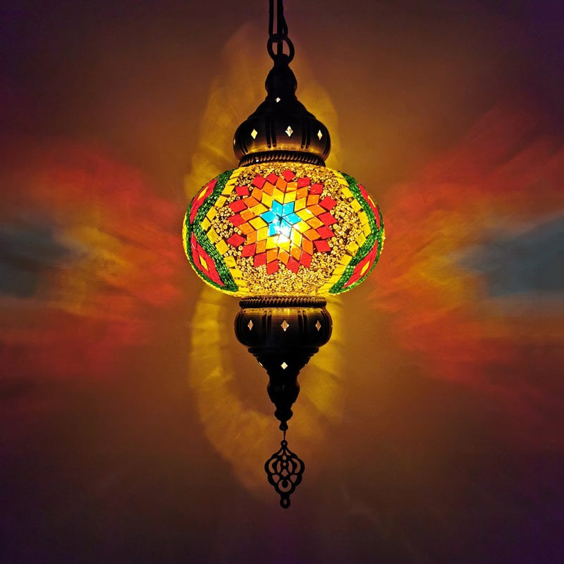 Stained Glass Oval Hanging Light Kit Traditional 1 Head Bedroom Pendant Lighting in White/Red/Orange Clearhalo 'Ceiling Lights' 'Glass shade' 'Glass' 'Pendant Lights' 'Pendants' Lighting' 391364