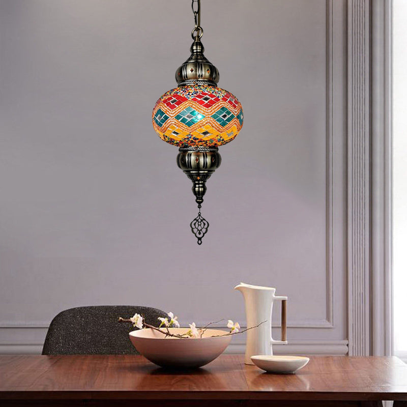 1 Head Cut Glass Ceiling Pendant Light Traditional Beige/Yellow/Blue Oval Dining Room Hanging Light Fixture Blue-Yellow Clearhalo 'Ceiling Lights' 'Chandeliers' 'Glass shade' 'Glass' 'Pendant Lights' 'Pendants' Lighting' 391386