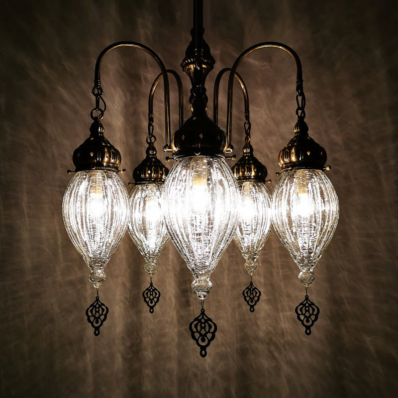 Bronze 5 Heads Chandelier Lamp Traditional White Ribbed Glass Teardrop Ceiling Light White Clearhalo 'Ceiling Lights' 'Chandeliers' 'Glass shade' 'Glass' Lighting' 391424
