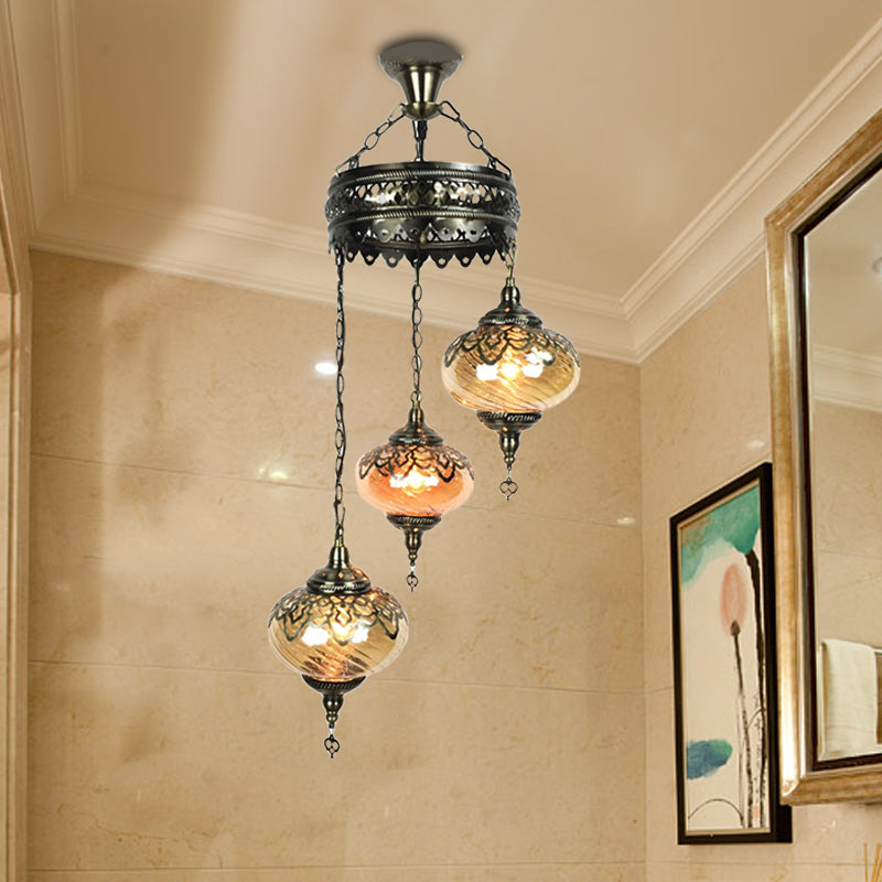 3/5 Heads Amber Swirl Glass Pendant Light Traditional Bronze Oval Living Room Hanging Chandelier Clearhalo 'Ceiling Lights' 'Chandeliers' 'Glass shade' 'Glass' Lighting' 391428