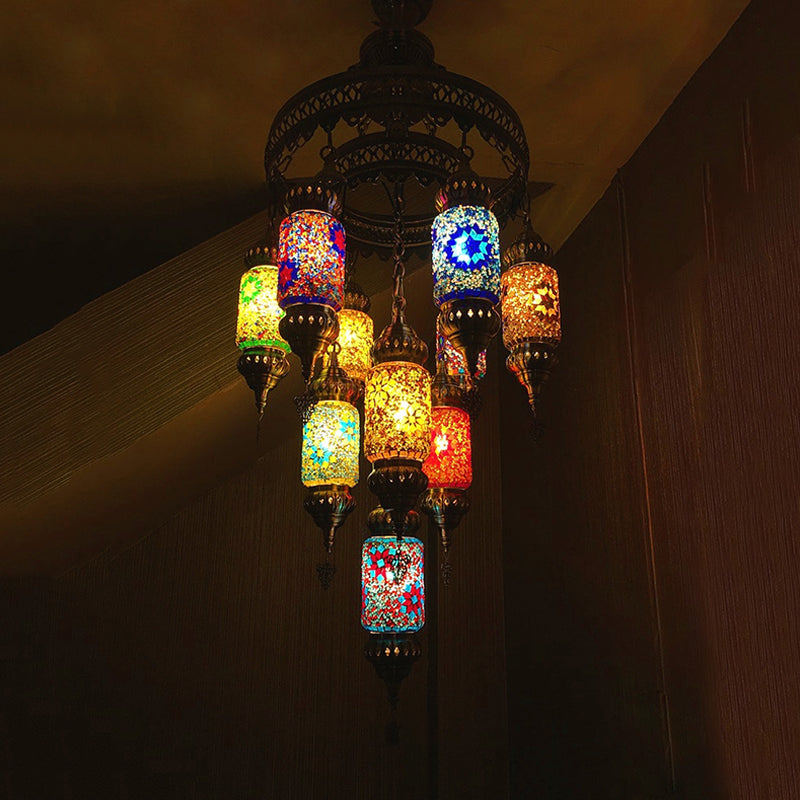 Stained Art Glass Cylinder Chandelier Lighting Traditional 10 Heads Restaurant Hanging Ceiling Light in Blue-Yellow-Green Pink-Blue-Yellow-Red-Green Clearhalo 'Ceiling Lights' 'Chandeliers' 'Glass shade' 'Glass' Lighting' 391440