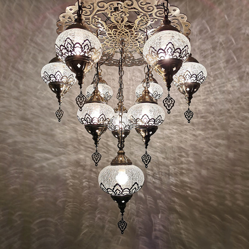 Crackle Glass Bronze Suspension Light Oval 10 Heads Vintage Chandelier Light Fixture Bronze Clearhalo 'Ceiling Lights' 'Chandeliers' 'Glass shade' 'Glass' Lighting' 391445