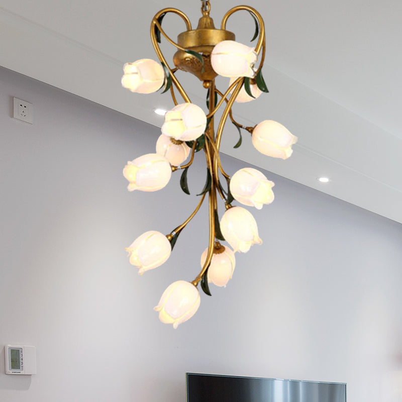 12 Bulbs Metal Hanging Chandelier American Garden Brass Blossom Living Room LED Pendant Lighting Fixture Brass C Clearhalo 'Ceiling Lights' 'Chandeliers' Lighting' options 391474_5735a080-321f-495c-90f2-f2d08603825d