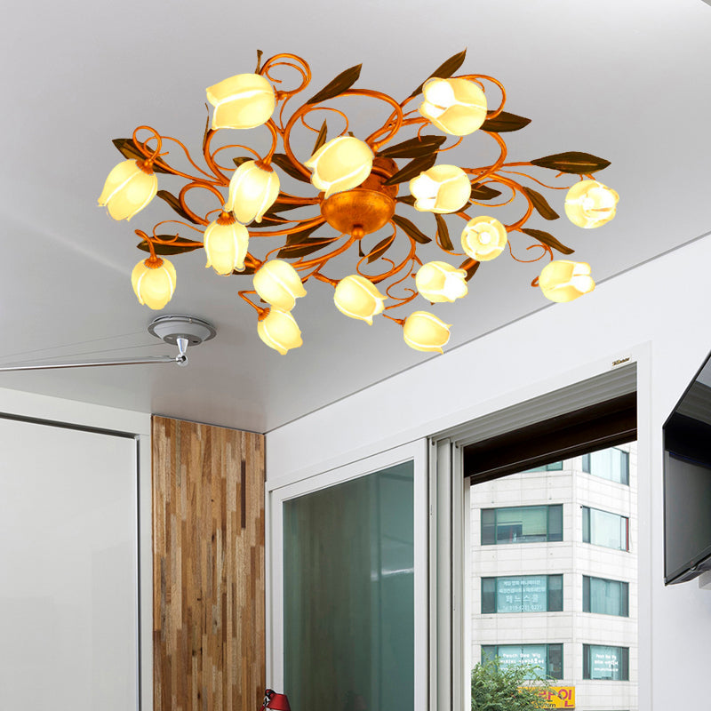 Metal Brass Ceiling Flush Lily/Tulip 16 Heads American Garden LED Semi Mount Lighting for Bedroom Clearhalo 'Ceiling Lights' 'Close To Ceiling Lights' 'Close to ceiling' 'Semi-flushmount' Lighting' 391546
